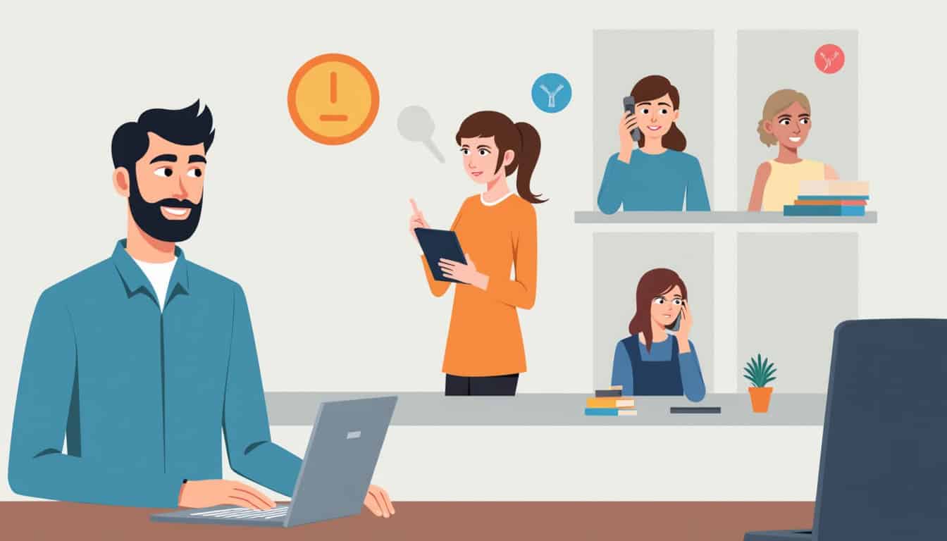 Illustration des différents canaux de contact des Assurances du Crédit Mutuel en 2026: conseiller bancaire, espace client, téléphone