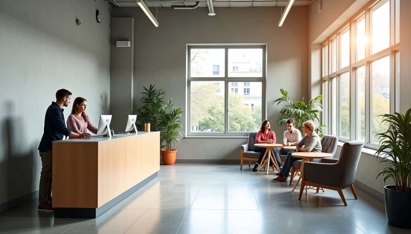 Intérieur de l’agence Crédit Agricole à Drancy avec guichet d’accueil et espace conseil