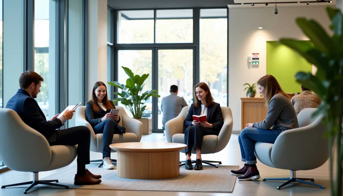 Salle d’attente de l’agence Crédit Agricole de Drancy, avec clients et mobilier moderne